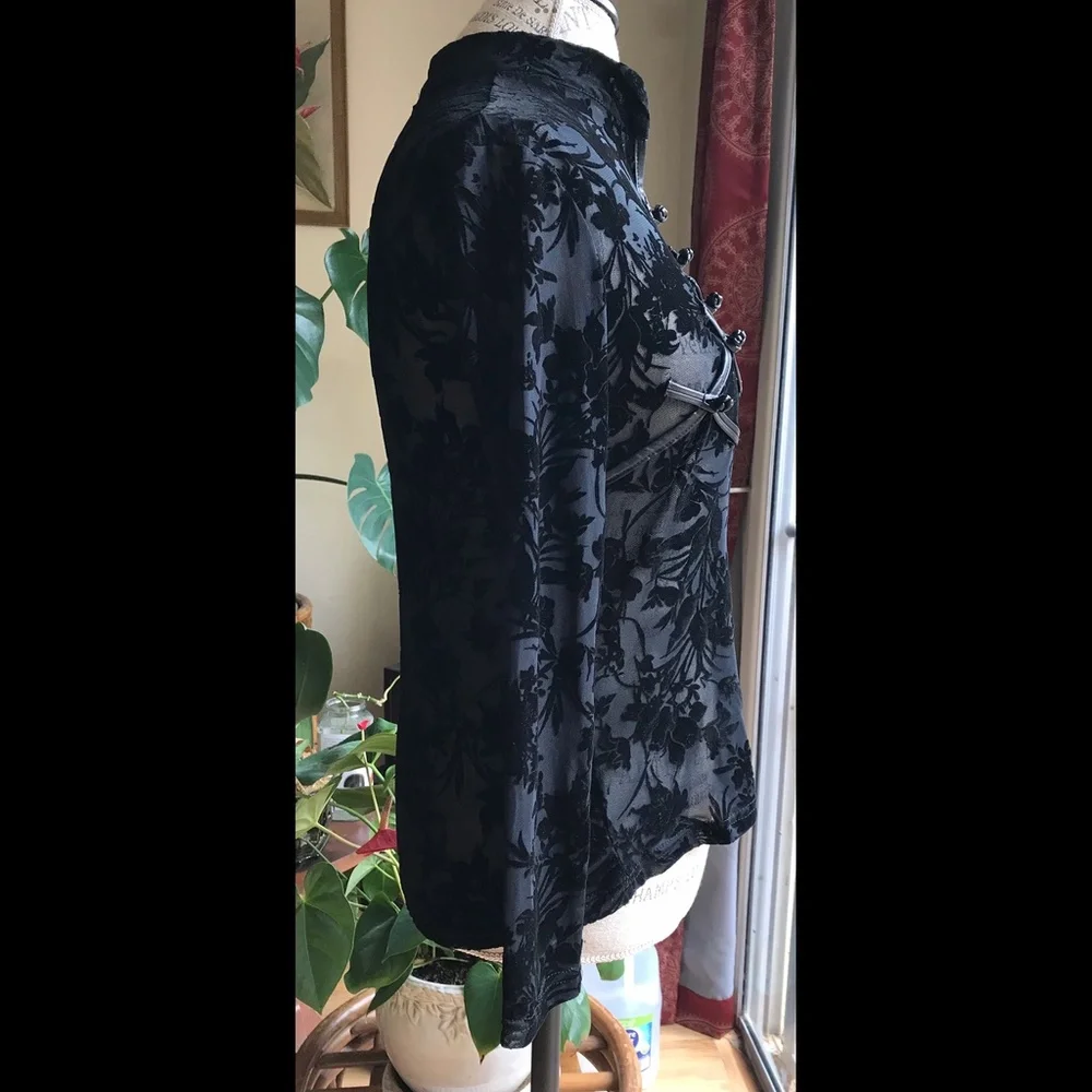 Cheongsam Goth Stretchy Flocked Top w/ Faux Leather Closures NWOTs Tag L, but M - Picture 5 of 7